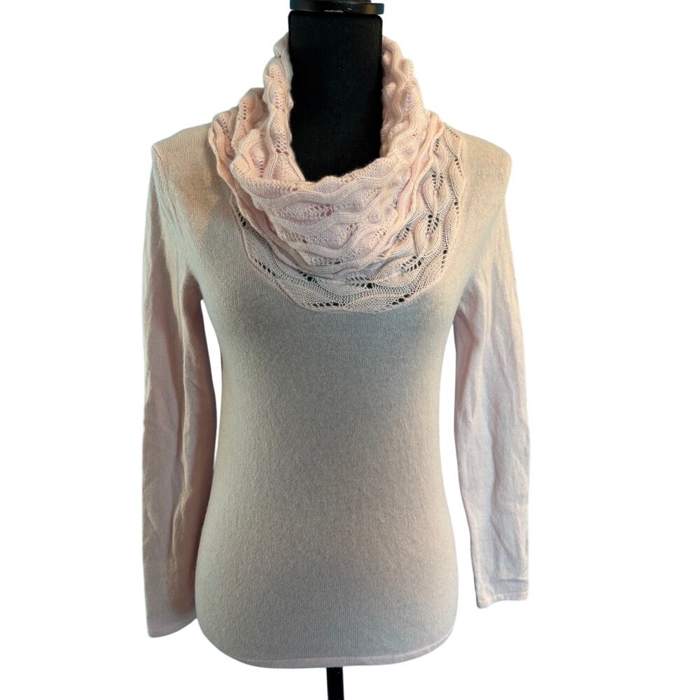 Katherine Kelly Pullover Sweater 100% Cashmere Crochet Cowl Neck Light Pink XS